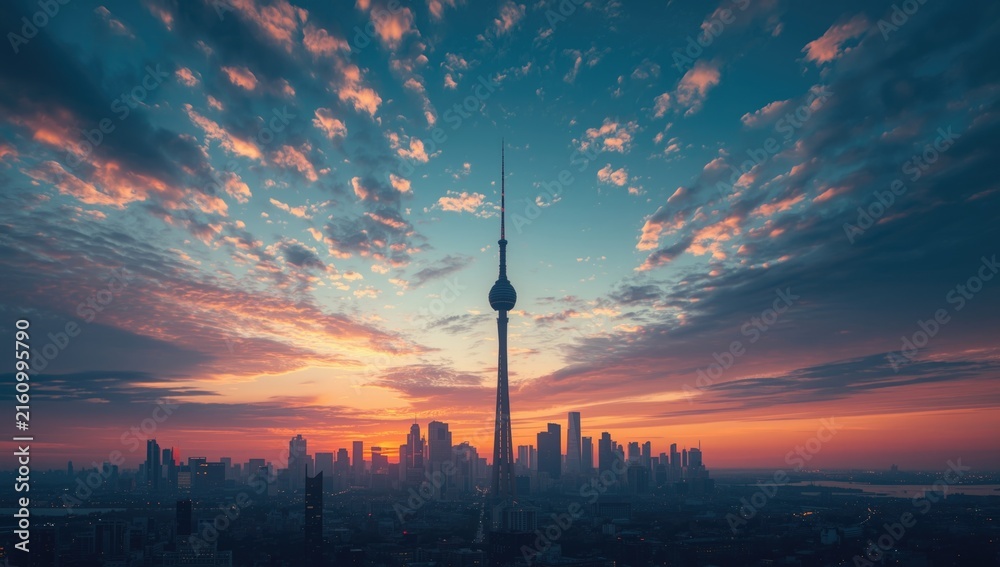Fototapeta premium Toronto Skyline at Sunrise with Colorful Cloud Patterns