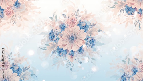 Floral Pattern with Soft Pink and Blue Flowers on Light Background