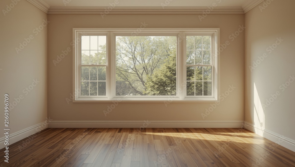 Fototapeta premium Empty Living Room with Large Windows Overlooking Trees in Natural Light