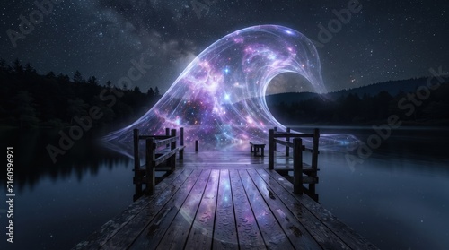 Mystical cosmic glow over wooden dock by nighttime lake with illuminated ethereal cosmic
