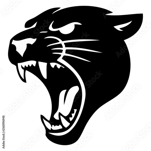 Icono con dibujo sencillo de la cabeza de una pantera enojada vista de perfil, con la boca abierta enseñando los colmillos