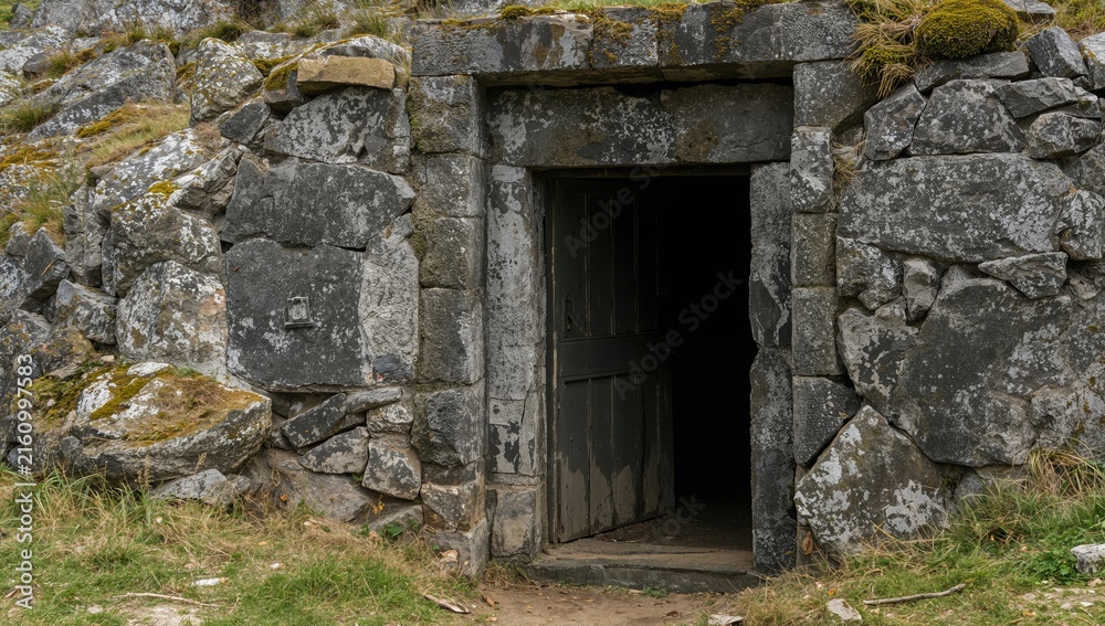 Fototapeta premium Ancient Stone Doorway Entrance Surrounded by Mountainous Terrain
