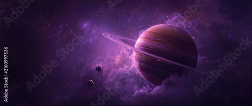 Colorful Planet with Rings Surrounded by Nebula Clouds and Moons in Space