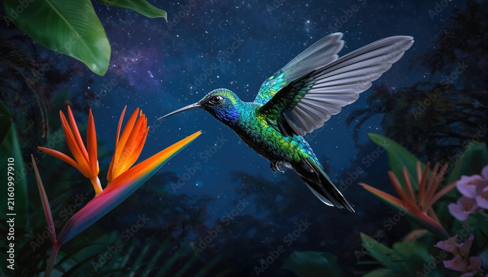 Naklejka premium Hummingbird Hovering Near Vibrant Flower Under Starry Night Sky