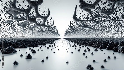 Abstract Monochrome Landscape with Textured Forms and Smooth Reflections