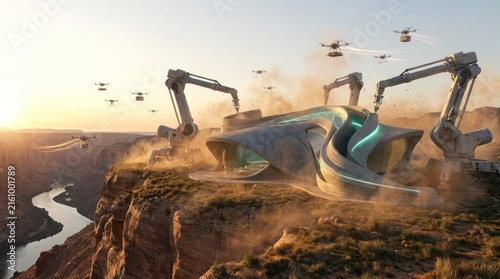 Robotic construction arms building a curved structure in canyons.