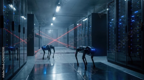 Robotic dogs patrolling a secure server room.