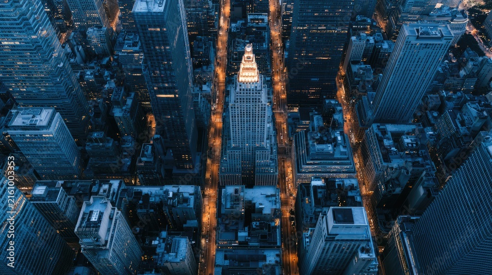 Fototapeta premium Aerial view of a city canyon at dusk with illuminated skyscrapers and busy streets