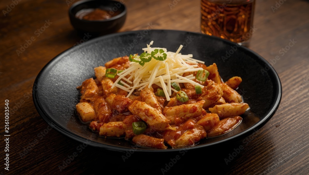 Fototapeta premium Spicy Gnocchi Dish Topped with Cheese and Fresh Herbs in a Black Bowl