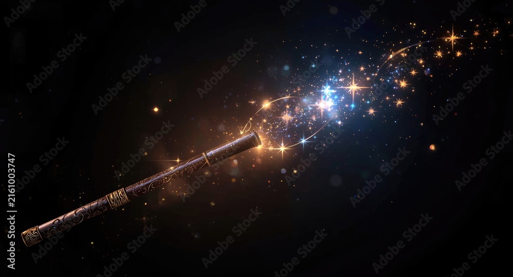 Fototapeta premium Magic Wand Casting Sparkles Against a Dark Background