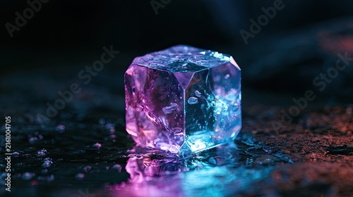 Faceted crystalline structure illuminated by vibrant purple and blue light
