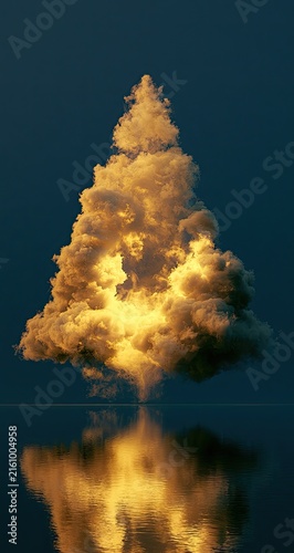 A luminous, triangular cloud formation reflects on calm, dark water