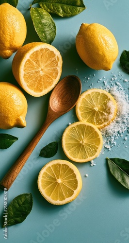 Bright citrus slices and whole fruits with scattered salt and leaves