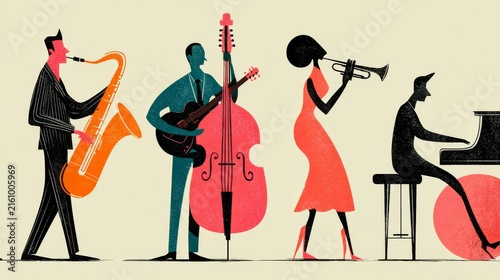 A stylized illustration of a jazz band performing with a saxophone, guitar, upright bass, trumpet, and piano against a plain.