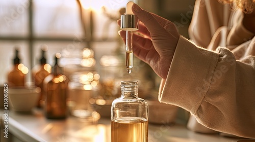 Dropper dispenses golden liquid into clear glass bottle at sunrise