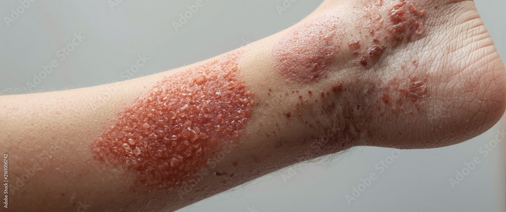 Fototapeta premium Closeup of Skin with Psoriasis Lesions on Ankle in Natural Light