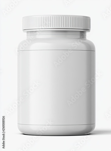A white, plastic pill bottle with a textured cap sits in isolation