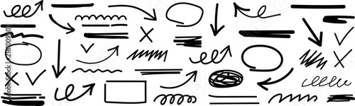 Hand drawn vector graphic elements featuring various arrows circles checkmarks and wavy underline strokes isolated on a clean white background