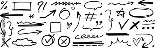 Hand drawn doodle sketch elements collection featuring various arrows circles shapes and decorative symbols for creative digital graphic design projects