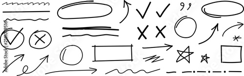Hand drawn doodle sketch elements featuring various arrows checkmarks circles stars and decorative line shapes for modern digital graphic design projects