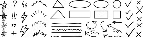 Hand drawn doodle shapes vector illustration featuring various geometric figures arrows checkmarks and speech marks for creative design project decoration