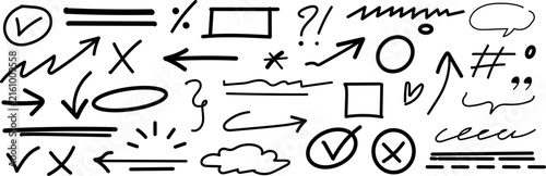 Hand drawn doodle vector elements collection featuring arrows check marks and shapes for creative digital design projects and markup annotations