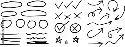 Hand drawn doodle set featuring black ink vector arrows circles checkmarks and stars created for graphic design and user interface