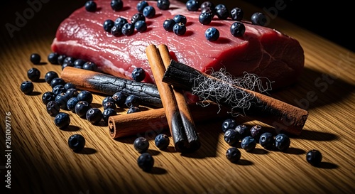 Raw meat with spices blueberries.