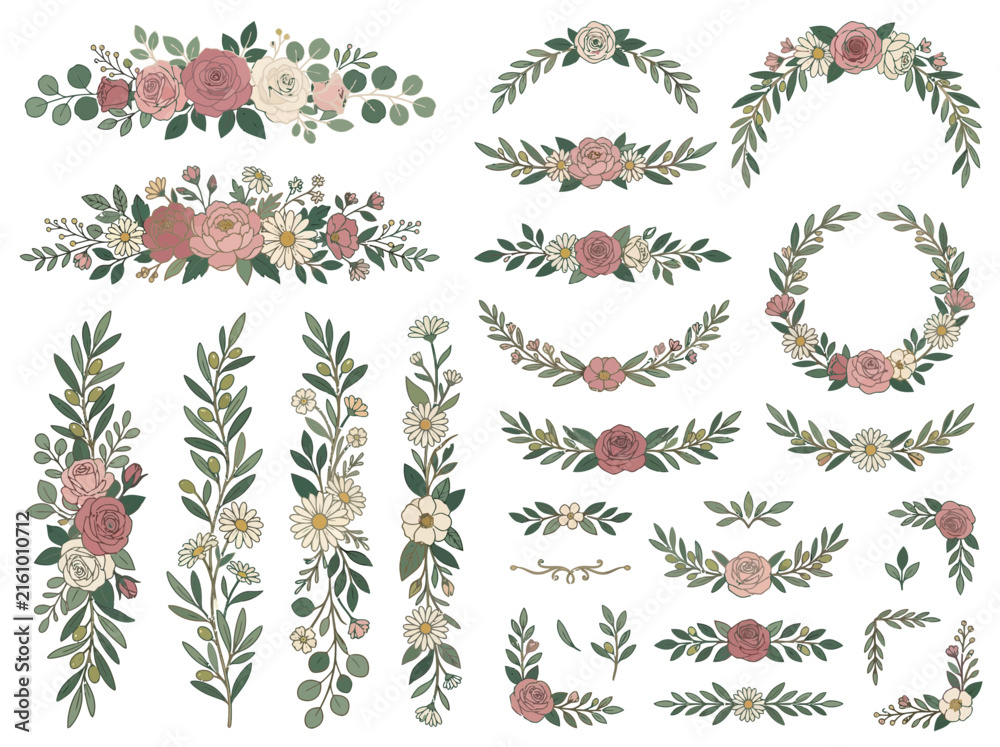 Fototapeta premium Floral design elements collection features elegant botanical dividers, wreaths, and borders on a clean white background.