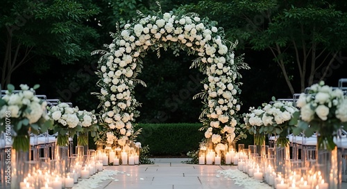 Romantic wedding aisle with floral arch.