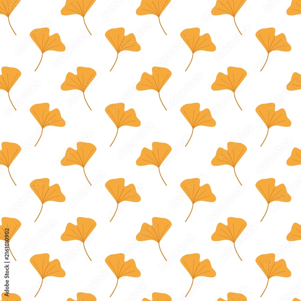 Seamless autumn pattern with orange ginkgo leaves arranged diagonally on a white background. Elegant botanical design perfect for textiles