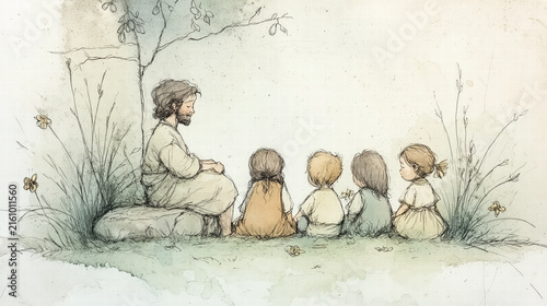 Watercolor depiction of Jesus surrounded by children in a warm scene of love, acceptance, and gentle teaching