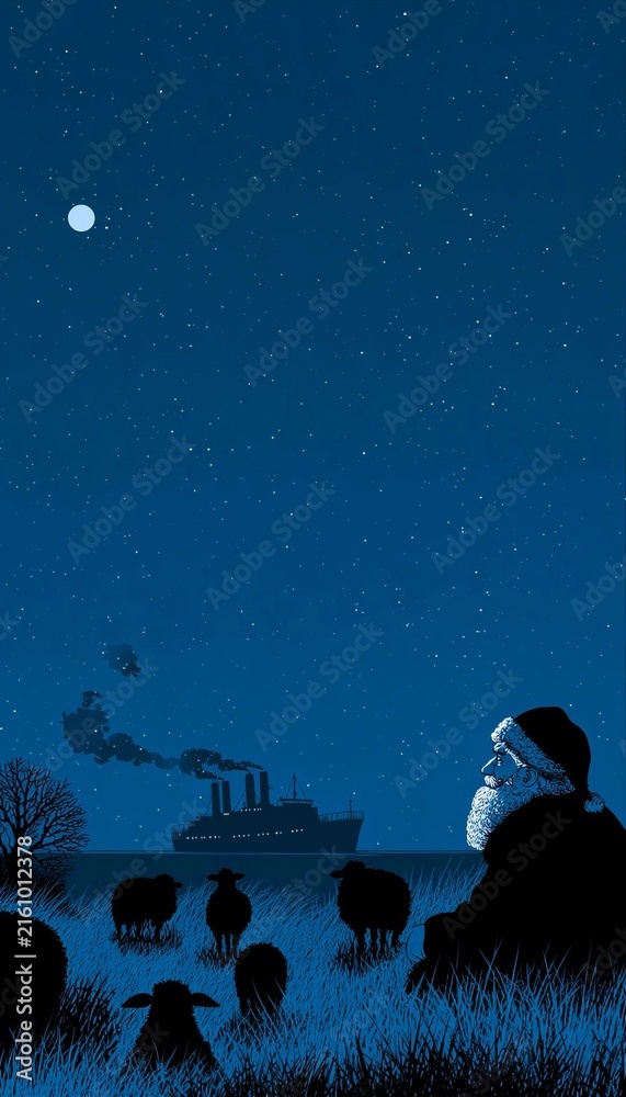 Naklejka premium The Silhouette Of Santa Standing With Shepherds Sheep Near An Illuminated Snowy Christmas Ship