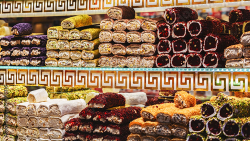 Colorful Turkish baklava and traditional sweets displayed in a market