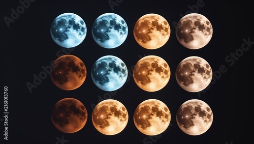 Colorful Lunar Phases in a Grid on Black Background