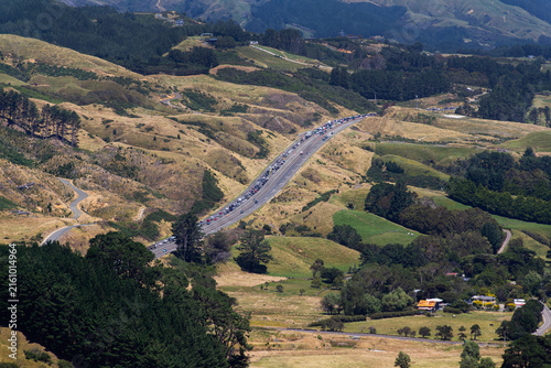 Wellington region, New Zealand. Traffic backed-up on Transmission Gully motorway or Te Aranui o Te Rangihaeata due to surface melting and peeling in summer heat in January 2026.