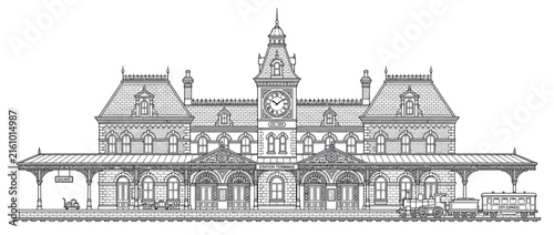 Vintage Train Station Facade with Clock Tower