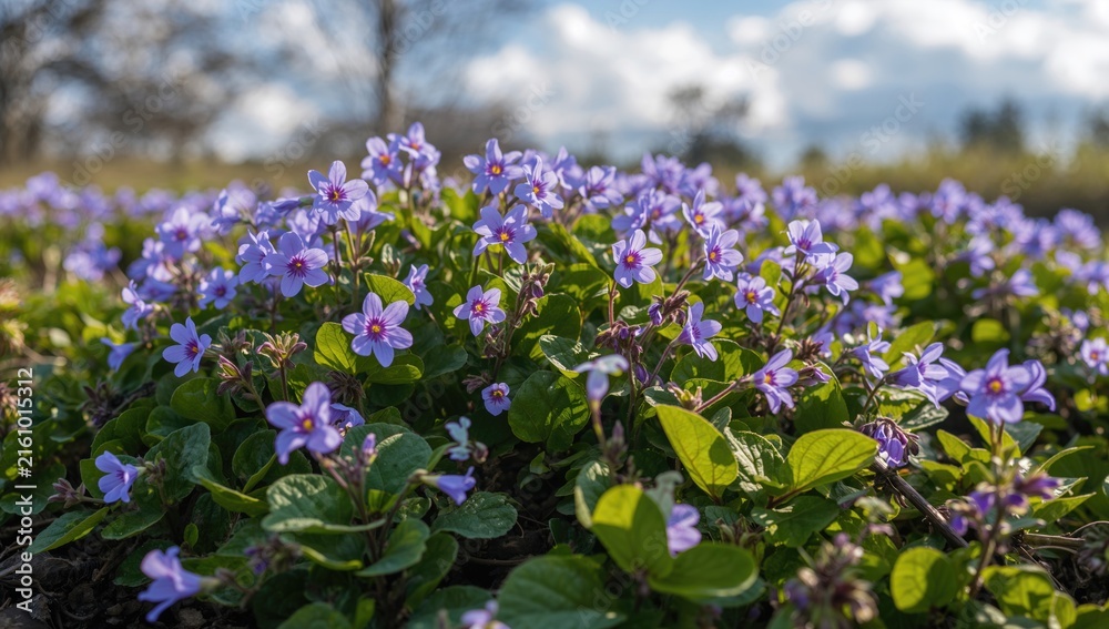 Obraz premium Violet Wildflowers Blooming in a Field Under Bright Blue Sky