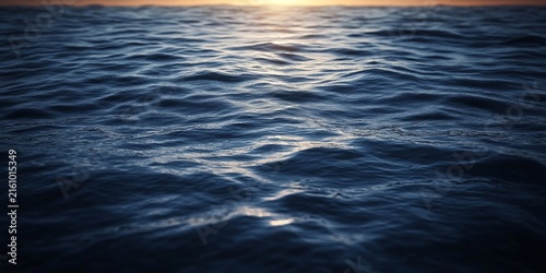 Abstract Moody Dark Water Surface Texture in Deep Blue Tones with Soft Golden Sunset Reflections