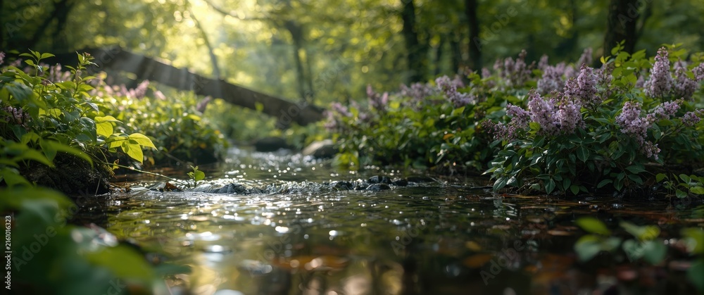 Fototapeta premium Tranquil Stream Flowing Through a Lush Forest with Sunlight and Wildflowers