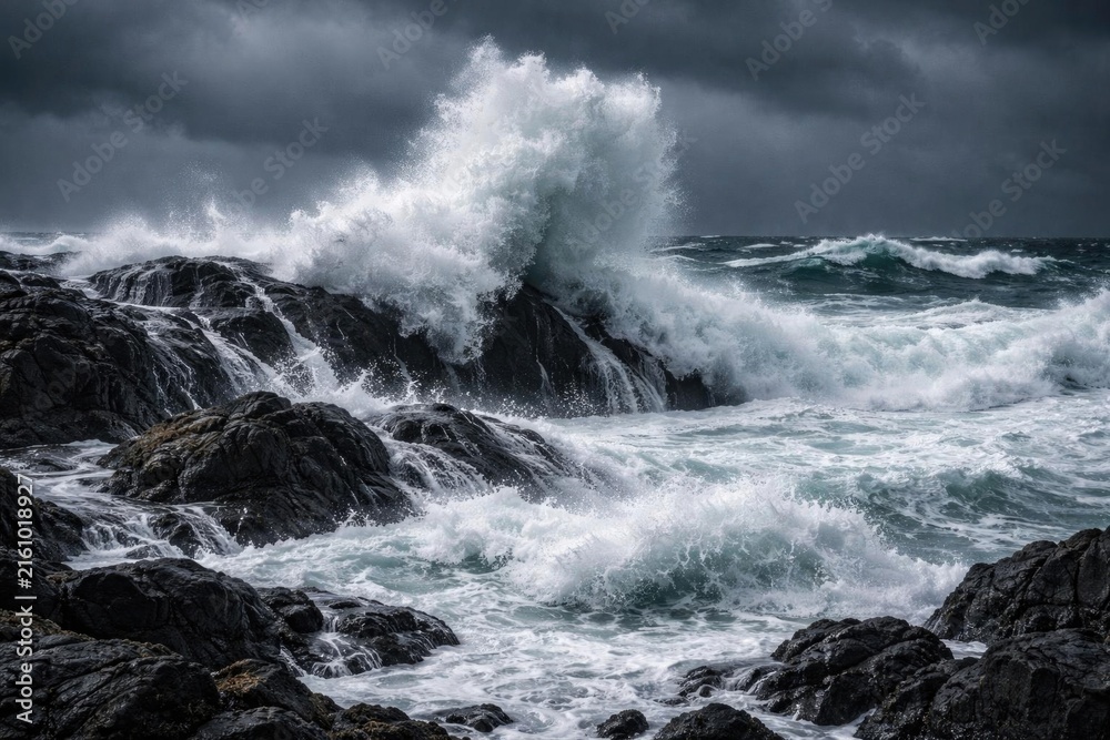 Obraz premium Crashing Waves Hitting Rocky Shore Under Dark Stormy Clouds