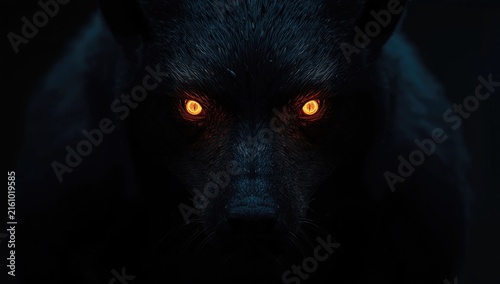 Black Creature Staring with Glowing Orange Eyes in Dark Background