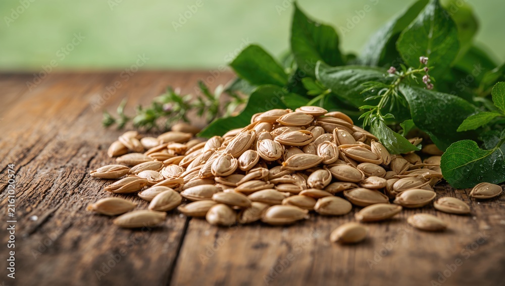 Obraz premium Pumpkin Seeds Piled on a Wooden Table with Fresh Green Herbs in Soft Natural Light