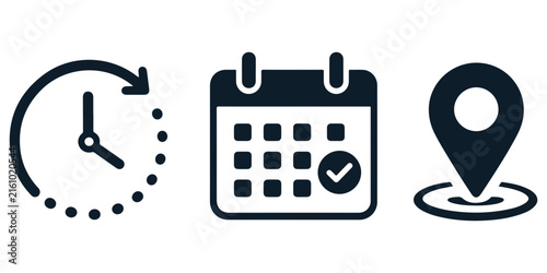 Clock, calendar and location pin vector icon collection for time, date and address concepts, appointment scheduling, meeting deadlines, business planning, productivity and organization