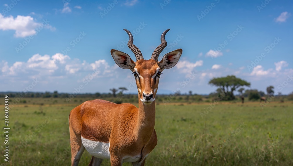 Fototapeta premium Graceful Antelope Standing in a Savanna Under a Blue Sky with White Clouds