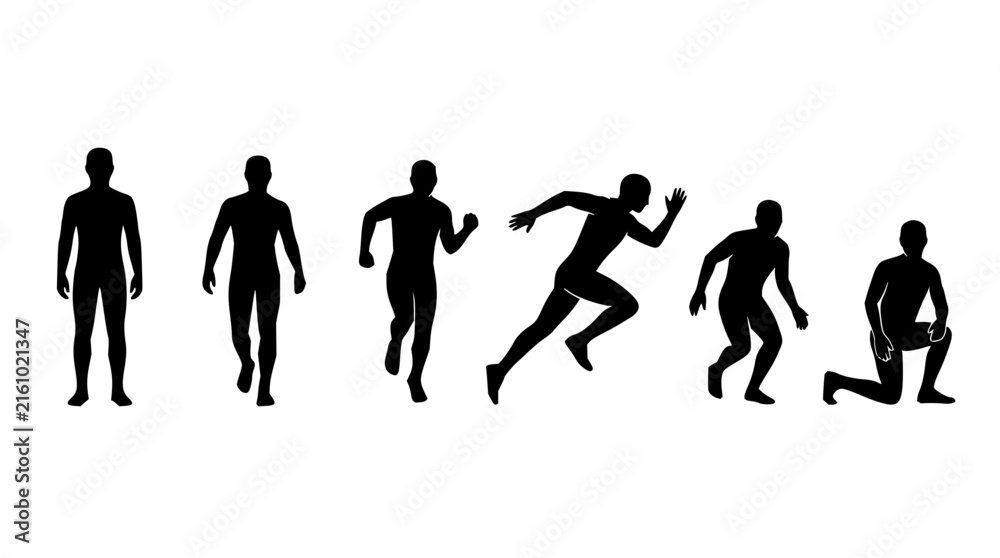 Obraz premium Silhouette figures in motion set with dynamic black shapes featuring running, jumping, and dancing people with abstract backgrounds and modern style