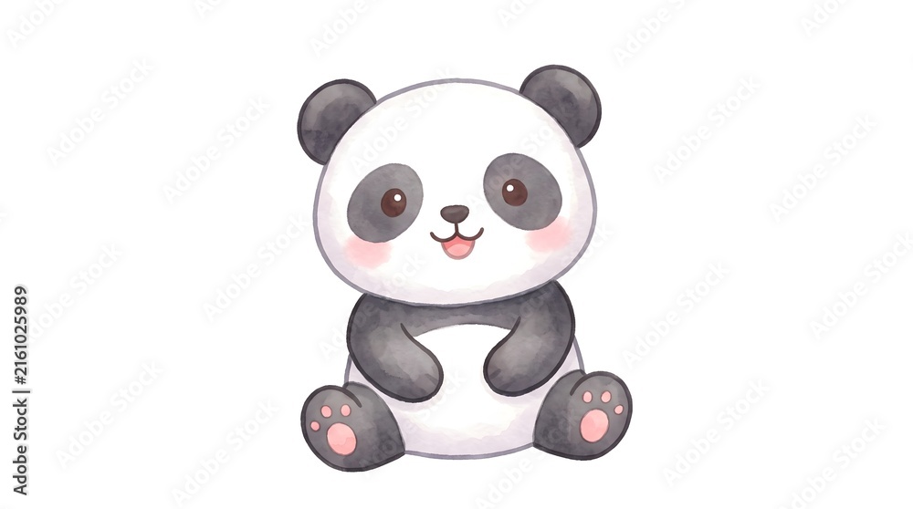 Fototapeta premium Cute Giant Panda Illustration. Kawaii baby animal mascot character. Red panda sketch design with pink blush and sitting pose. Vector graphic for children and korean style.