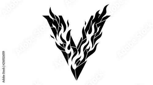 Creative Letter V Black Silhouette Vector with Dramatic Flame-Inspired Cutouts, Bold Negative Space and Modern Geometric Design