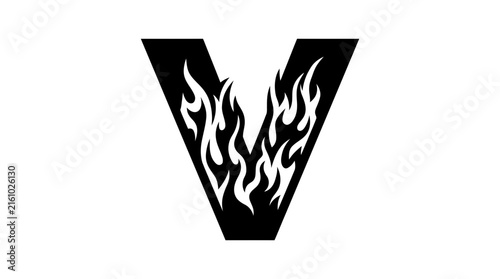 Creative Letter V Black Silhouette Vector with Dramatic Flame-Inspired Cutouts, Bold Negative Space and Modern Geometric Design