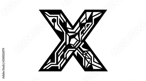 Creative Letter X Black Silhouette Vector with Futuristic Interconnected Geometric Cutouts, Technology-Inspired Design and Bold Negative Space